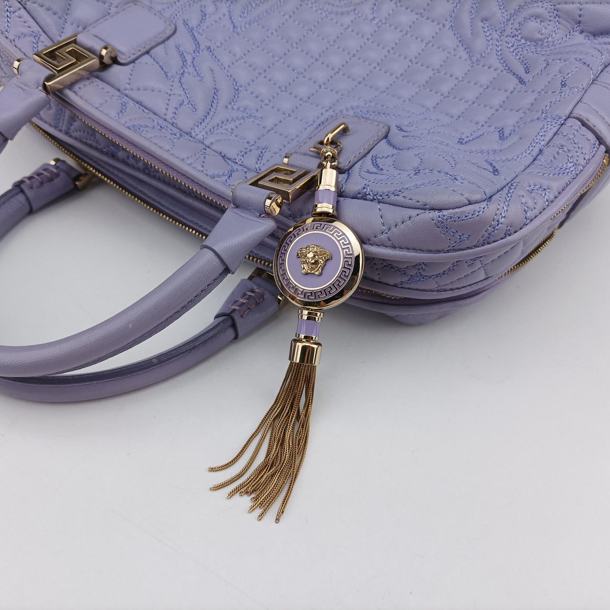 Pre-owned VERSACE Medusa Demetra Vanitas Satchel Purple Leather  shoulderbag | stylenewstar