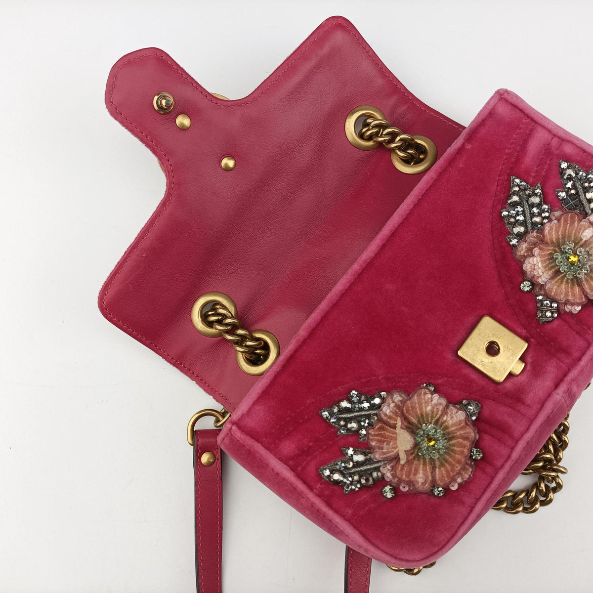 Pre-owned Gucci GG Marmont Rose velour 446744 shoulderbag | stylenewstar