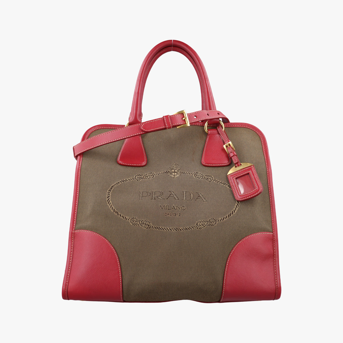 Vintage Prada logo jacquard khaki×red Canvas × SAFFIANO Leather  shoulderbag | stylenewstar