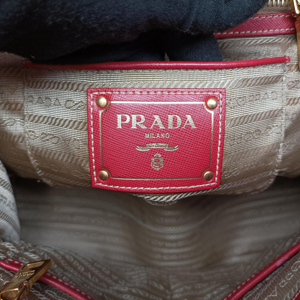 Vintage Prada logo jacquard khaki×red Canvas × SAFFIANO Leather  shoulderbag | stylenewstar