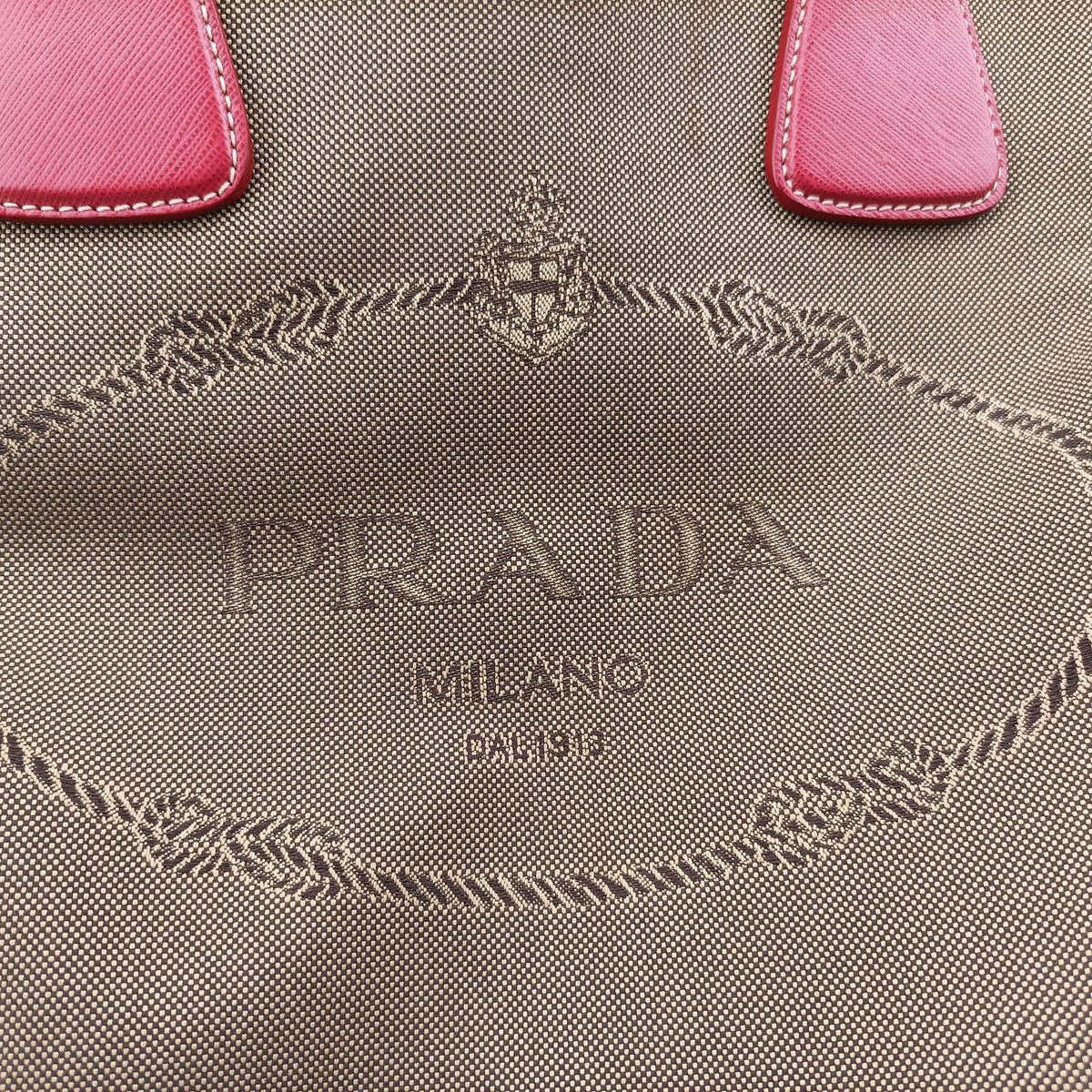Vintage Prada logo jacquard khaki×red Canvas × SAFFIANO Leather  shoulderbag | stylenewstar