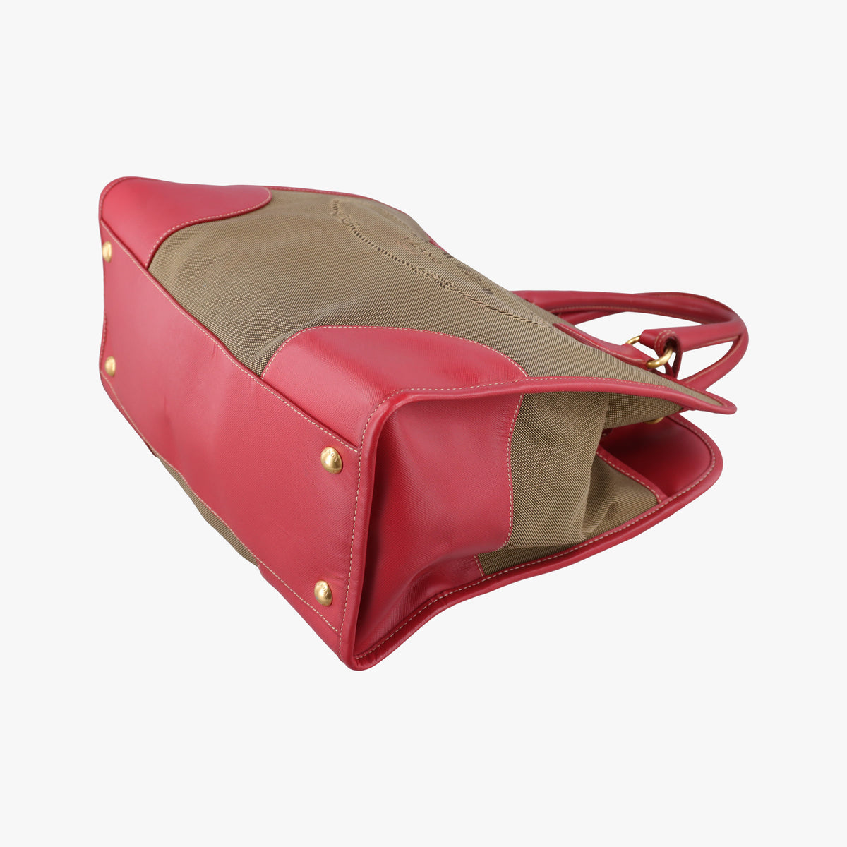 Vintage Prada logo jacquard khaki×red Canvas × SAFFIANO Leather  shoulderbag | stylenewstar