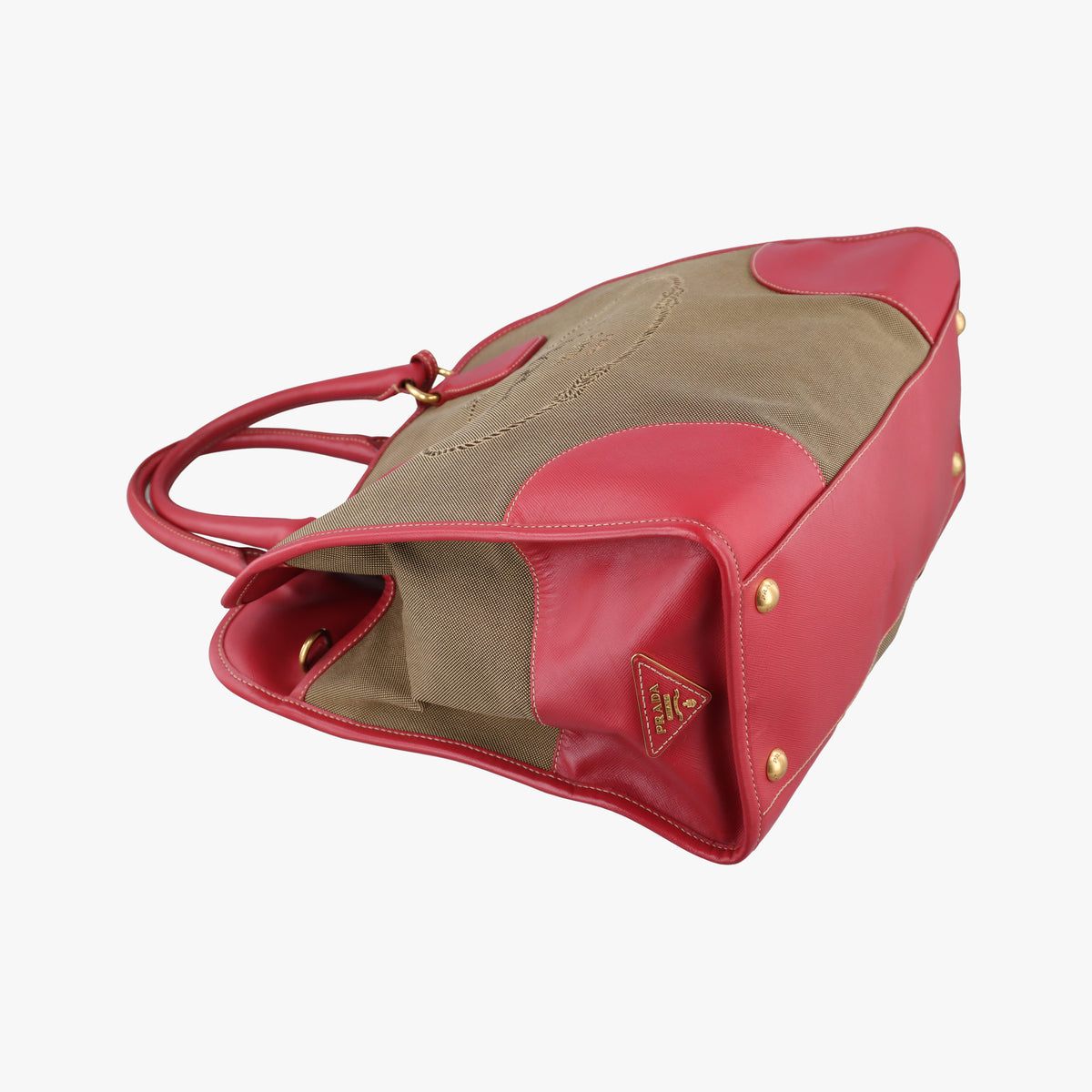 Vintage Prada logo jacquard khaki×red Canvas × SAFFIANO Leather  shoulderbag | stylenewstar