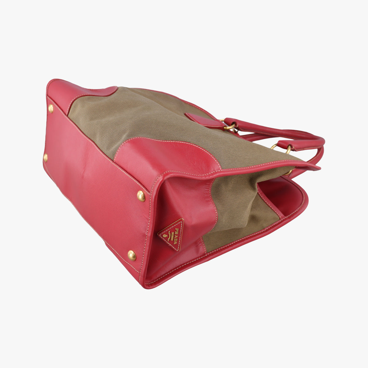 Vintage Prada logo jacquard khaki×red Canvas × SAFFIANO Leather  shoulderbag | stylenewstar