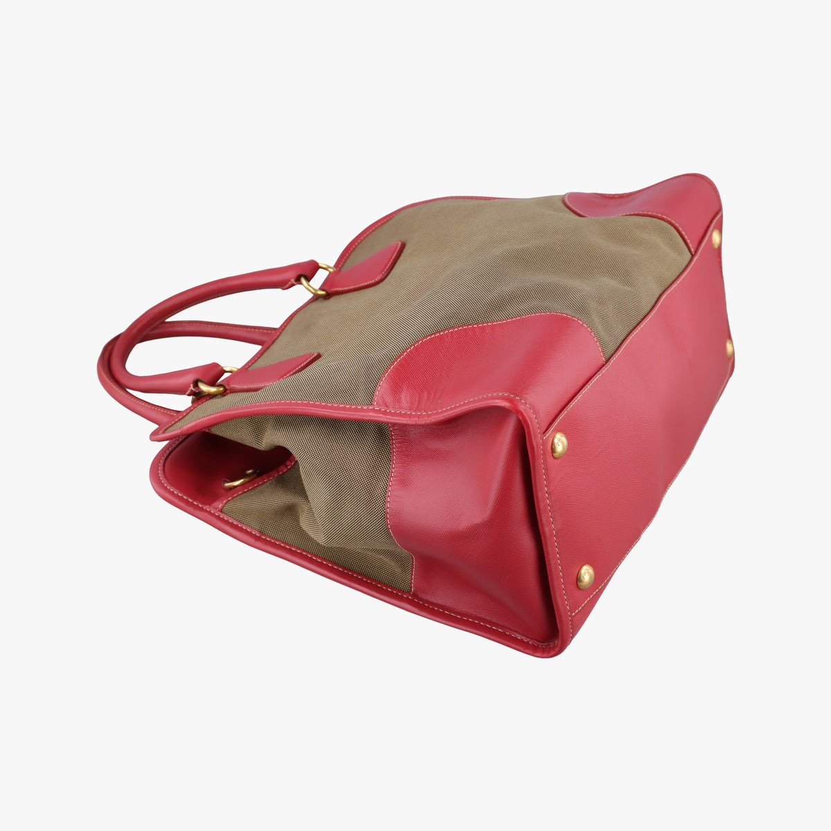 Vintage Prada logo jacquard khaki×red Canvas × SAFFIANO Leather  shoulderbag | stylenewstar