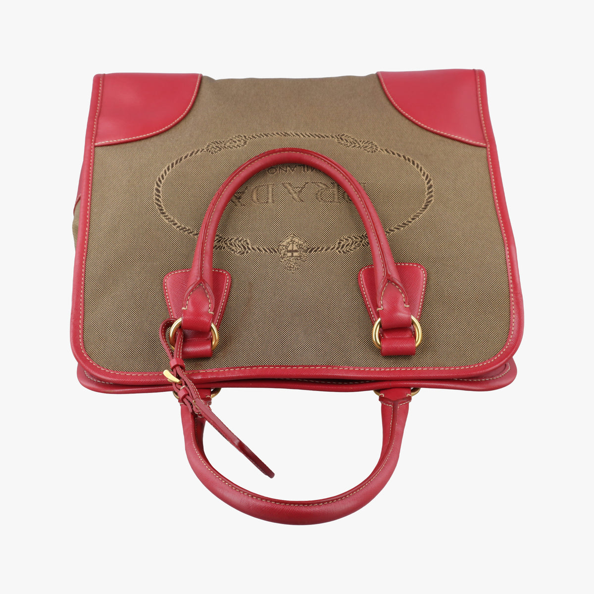 Vintage Prada logo jacquard khaki×red Canvas × SAFFIANO Leather  shoulderbag | stylenewstar