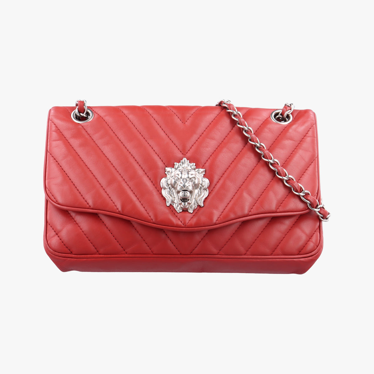 Pre-owned Chanel Chevron Jersey Trim Leo Lion Red Leather A49312 shoulderbag | stylenewstar
