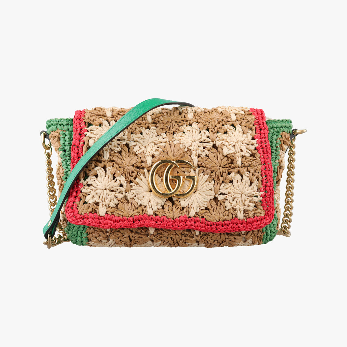 Pre-owned Gucci GG Marmont Beige×Multicolour straw 574433 shoulderbag | stylenewstar