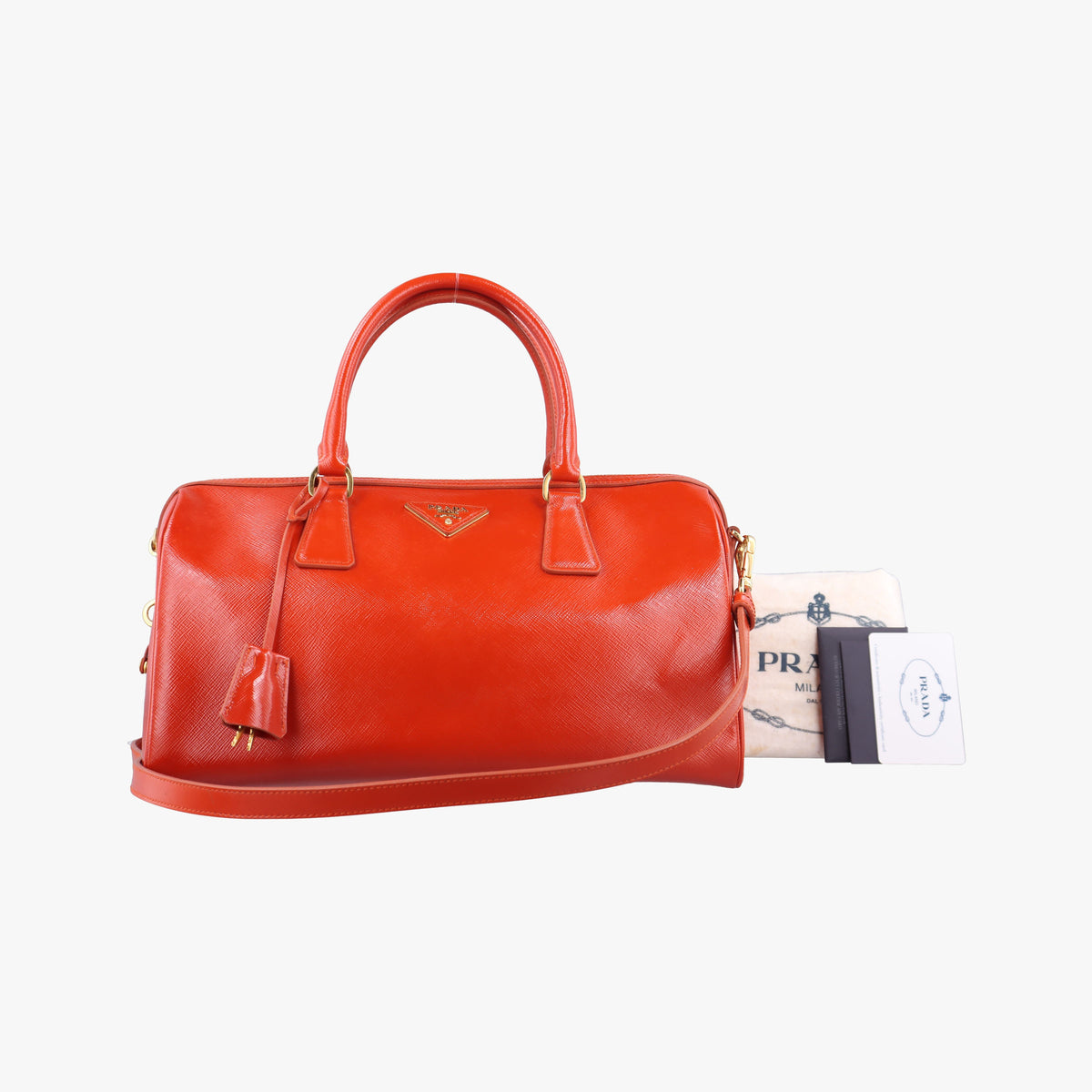 Pre-owned Prada Bowling Bag Orange Patent SAFFIANO Leather BL0797 shoulderbag | stylenewstar