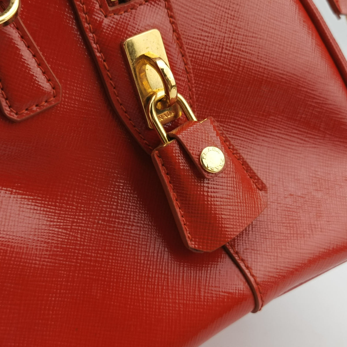 Pre-owned Prada Bowling Bag Orange Patent SAFFIANO Leather BL0797 shoulderbag | stylenewstar