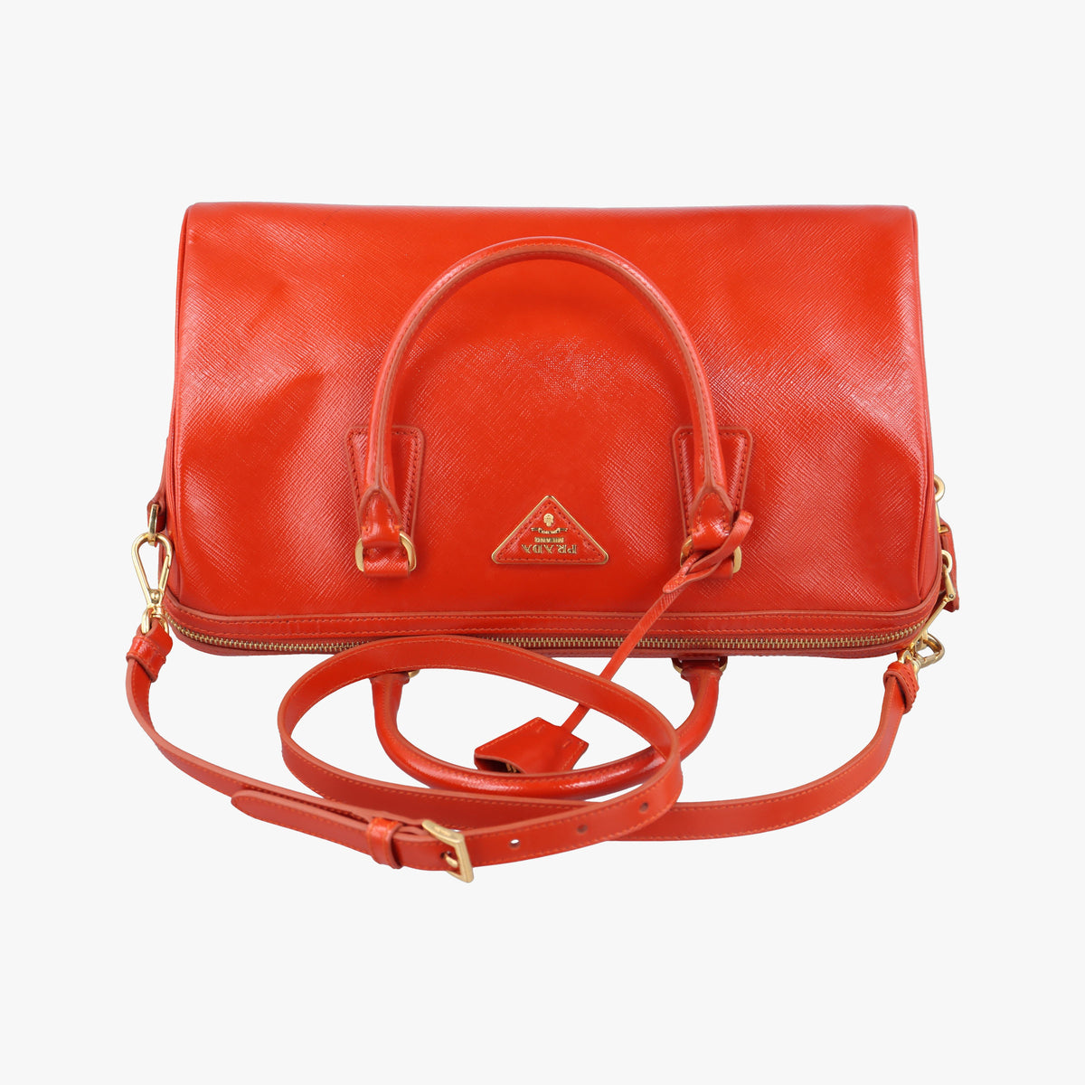 Pre-owned Prada Bowling Bag Orange Patent SAFFIANO Leather BL0797 shoulderbag | stylenewstar