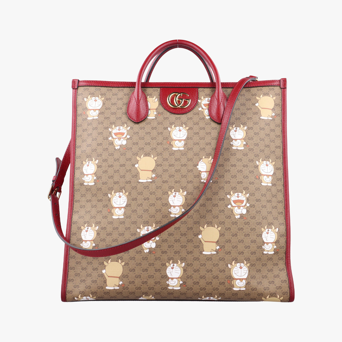 Pre-owned Gucci Doraemon GG Supreme Beige×Red PVC coated canvas×Leather 654345 shoulderbag | stylenewstar