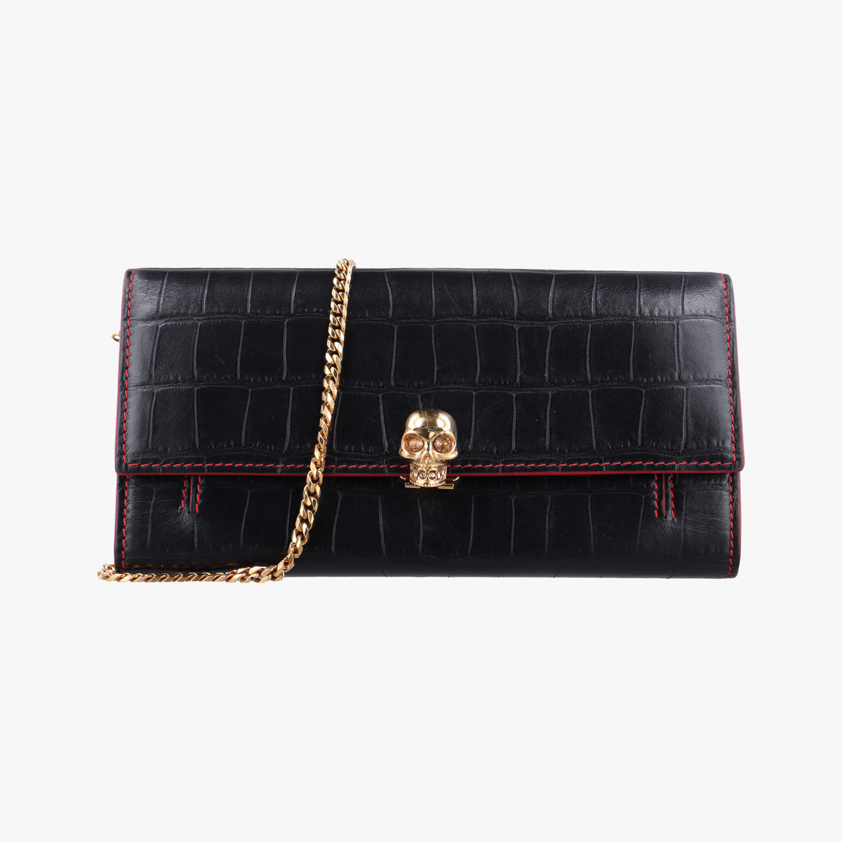 Pre-owned Alexander McQueen Crocodile Embossed Skull Black Leather  shoulderbag | stylenewstar