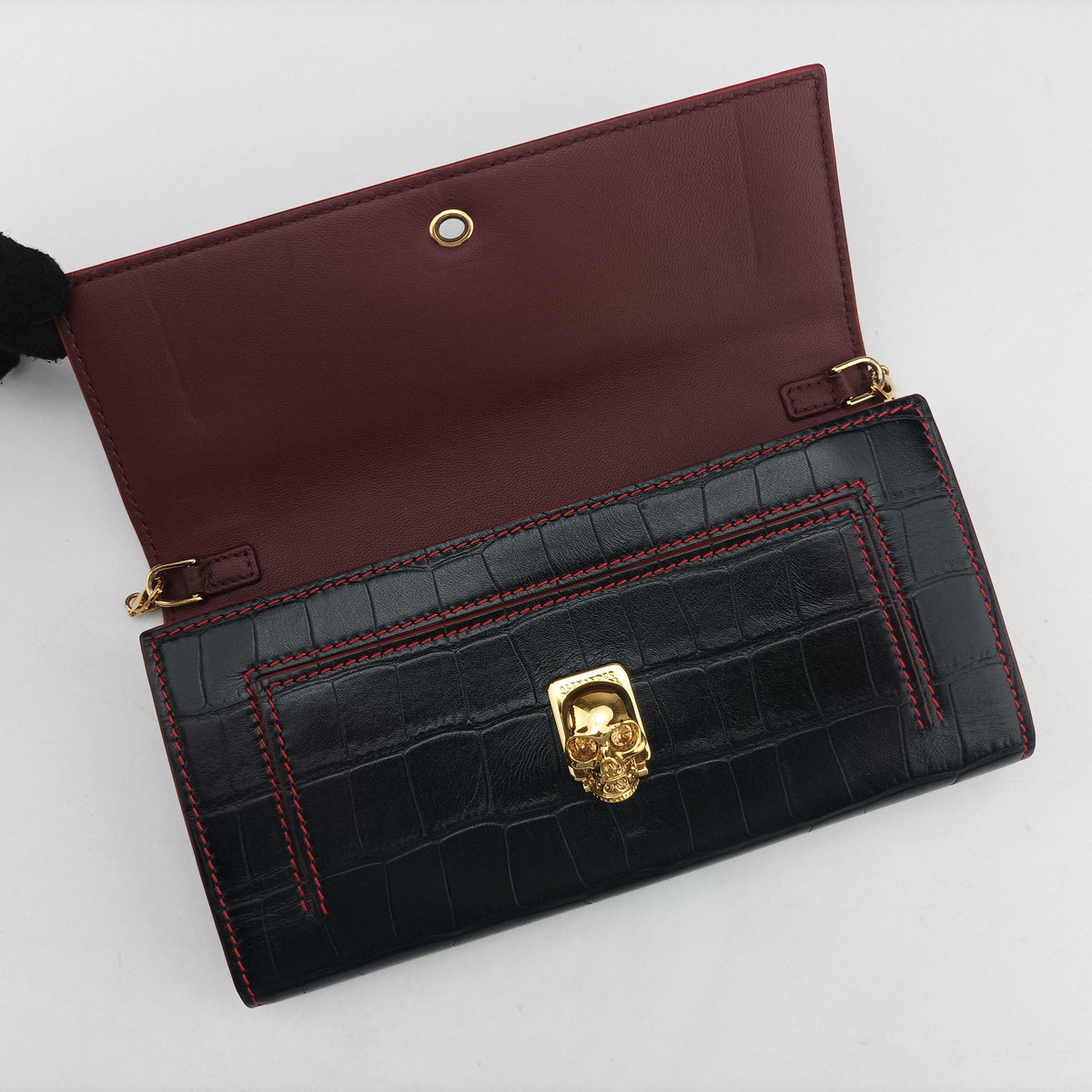 Pre-owned Alexander McQueen Crocodile Embossed Skull Black Leather  shoulderbag | stylenewstar