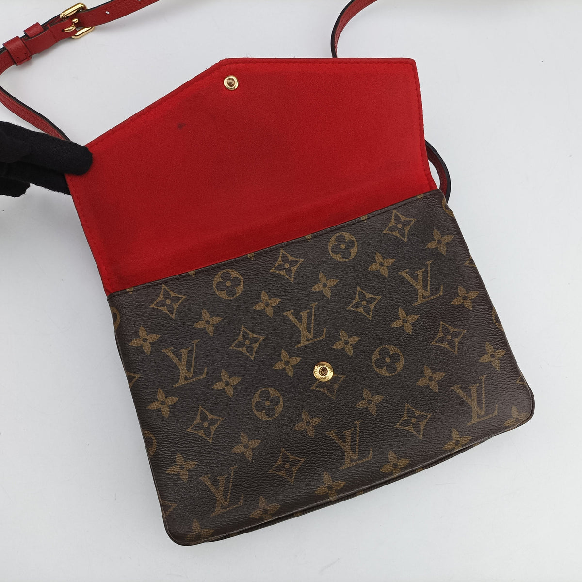 Pre-owned Louis Vuitton Twice Brown×Cerise Monogram Canvas×calf leather M50184 shoulderbag | stylenewstar