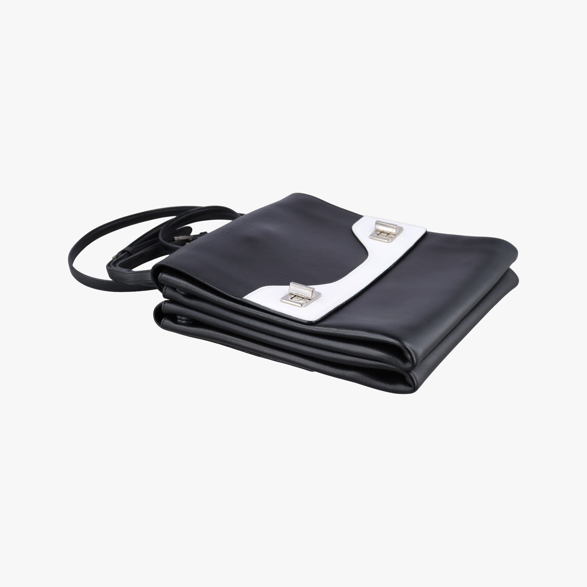 Pre-owned Prada Double Handle Turn Lock Black x White Leather  shoulderbag | stylenewstar