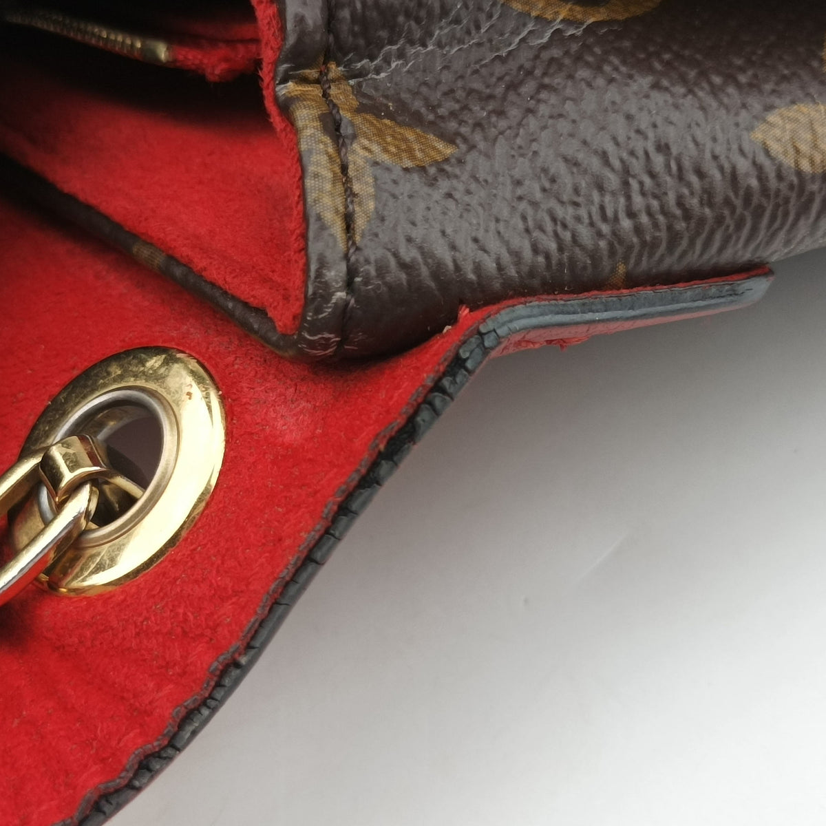 Pre-owned Louis Vuitton PALLAS Chain Brown×CERISE Monogram Canvas×calf leather M41201 shoulderbag | stylenewstar