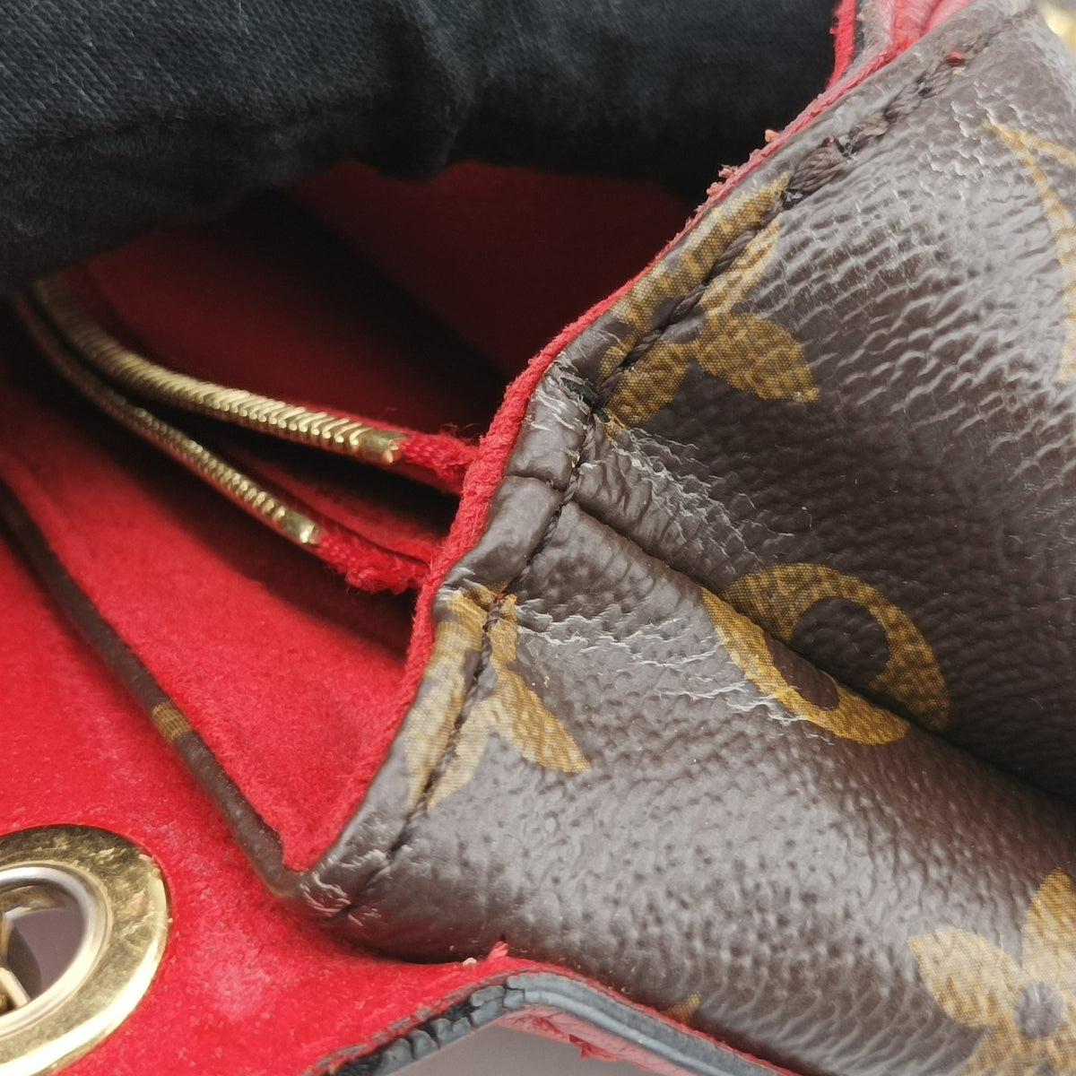 Pre-owned Louis Vuitton PALLAS Chain Brown×CERISE Monogram Canvas×calf leather M41201 shoulderbag | stylenewstar