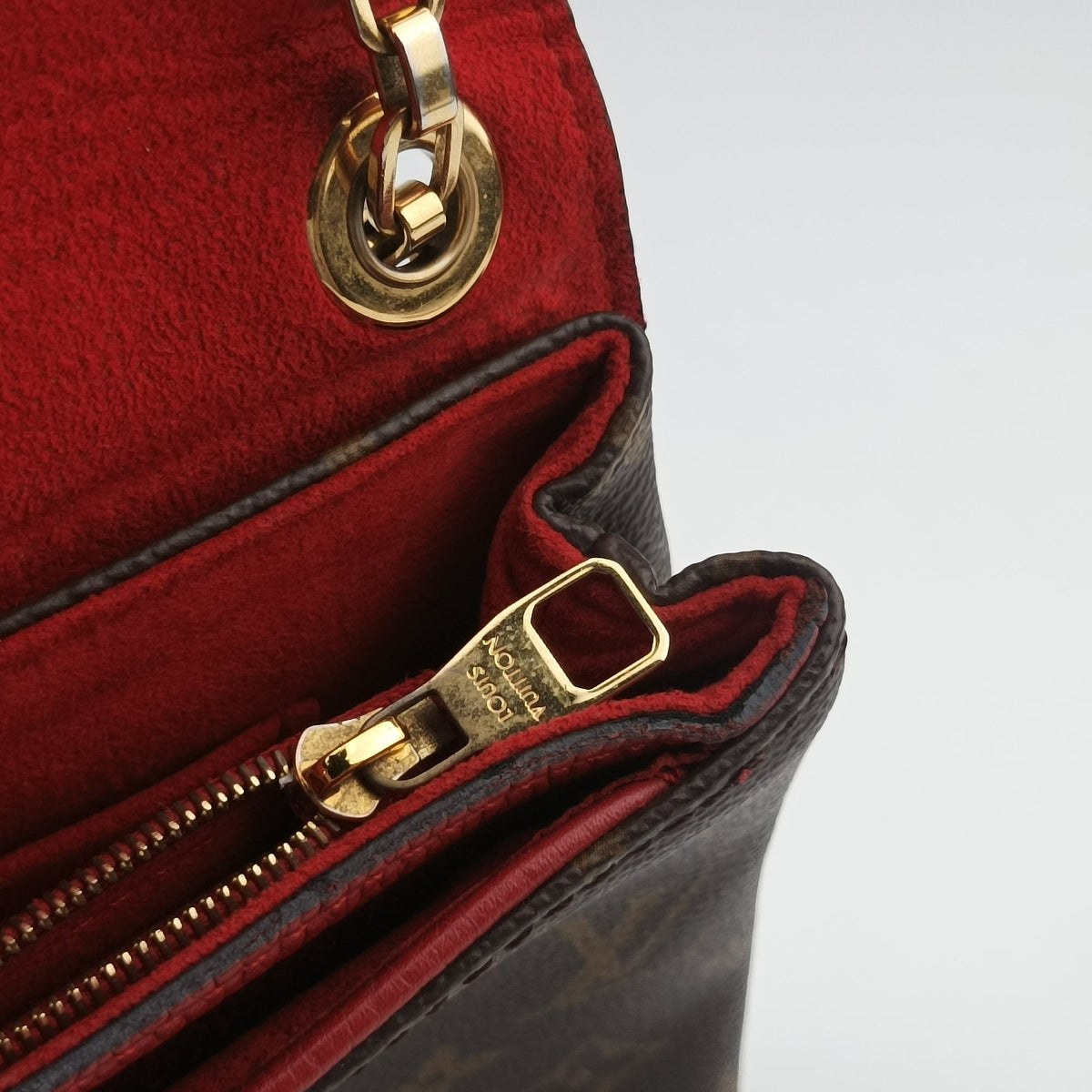 Pre-owned Louis Vuitton PALLAS Chain Brown×CERISE Monogram Canvas×calf leather M41201 shoulderbag | stylenewstar