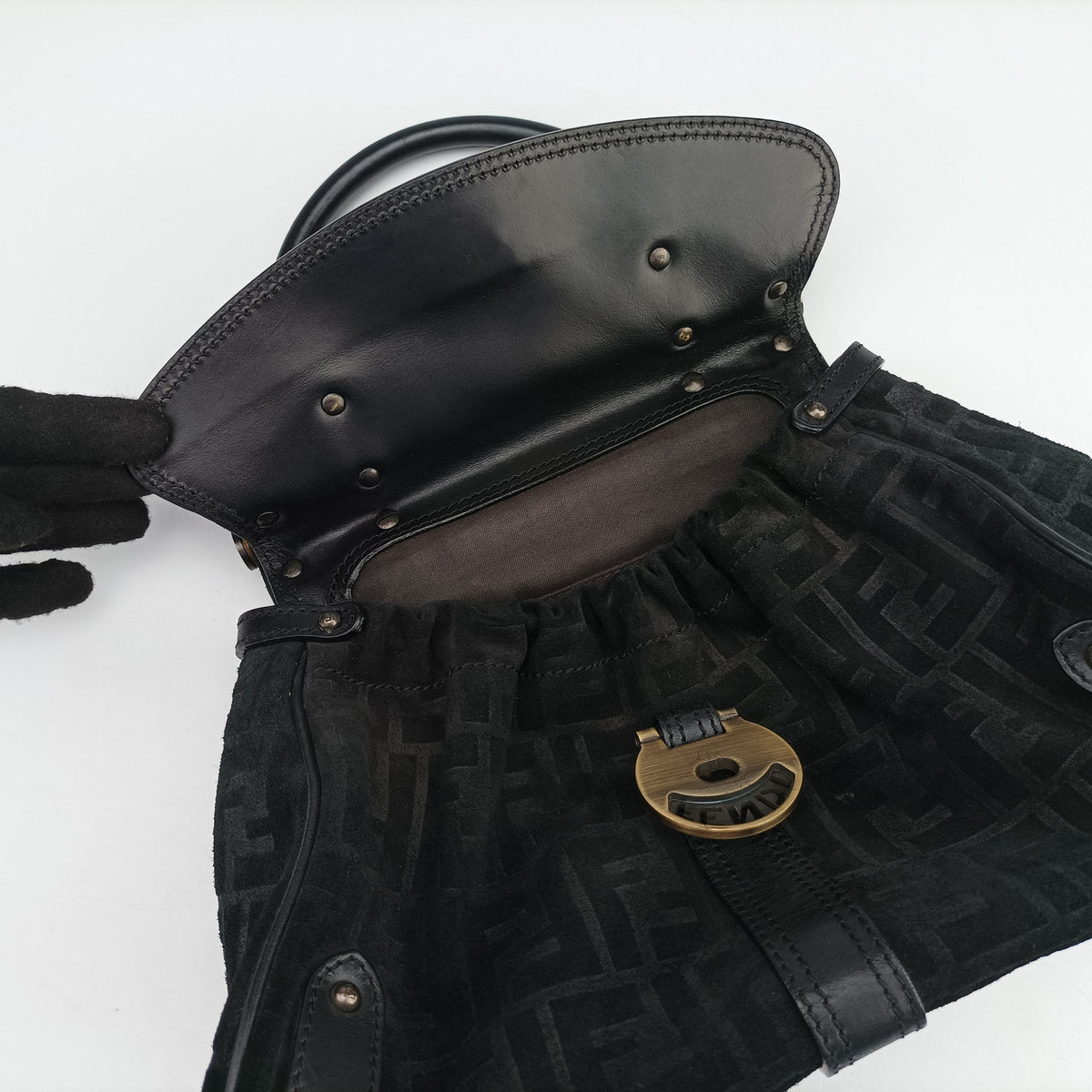 Secondhand Fendi Zucca Borse Magic Black Suede × Leather 8BN143 handbag | stylenewstar